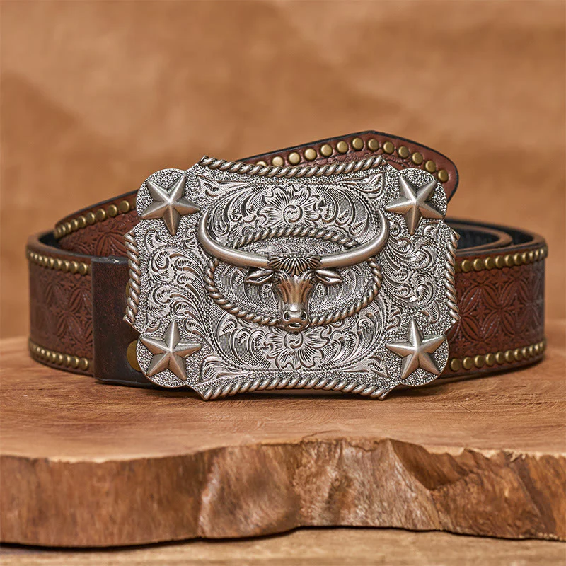 Men's Vintage Bull Head Relief Stars Buckle Leather Belt - Image 10