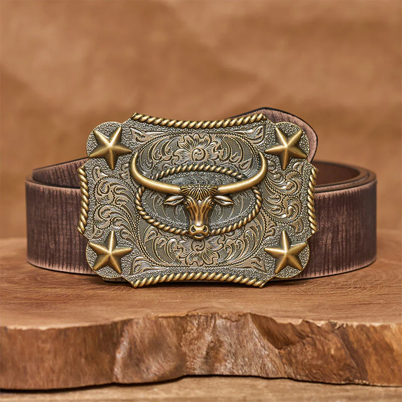 Men's Vintage Bull Head Relief Stars Buckle Leather Belt - Image 11
