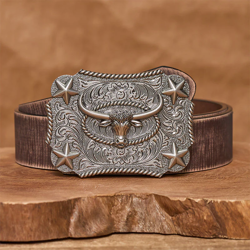 Men's Vintage Bull Head Relief Stars Buckle Leather Belt - Image 12