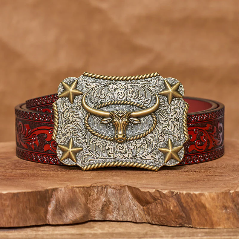 Men's Vintage Bull Head Relief Stars Buckle Leather Belt - Image 13