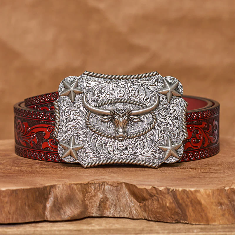 Men's Vintage Bull Head Relief Stars Buckle Leather Belt - Image 14