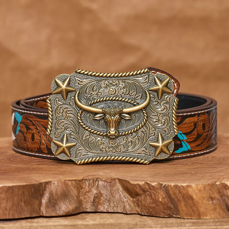 Men's Vintage Bull Head Relief Stars Buckle Leather Belt - Image 15