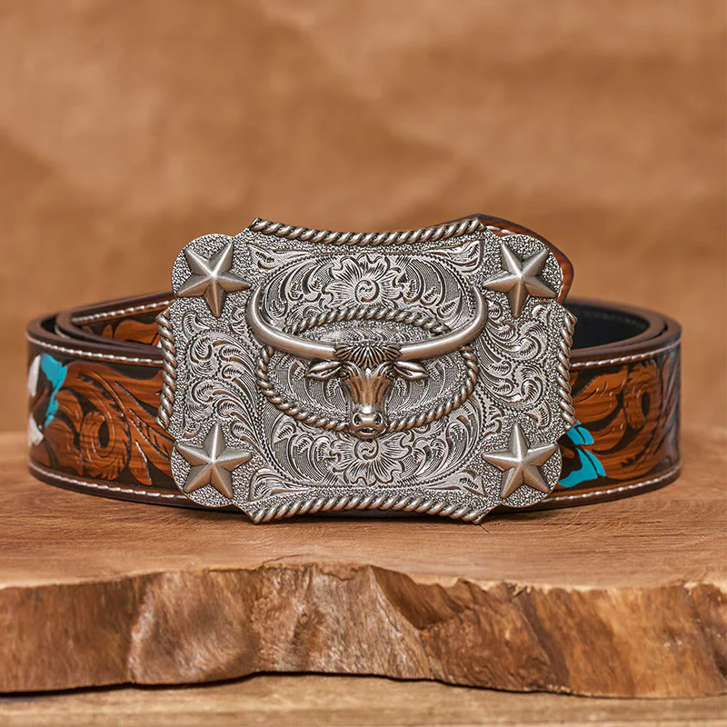 Men's Vintage Bull Head Relief Stars Buckle Leather Belt - Image 16