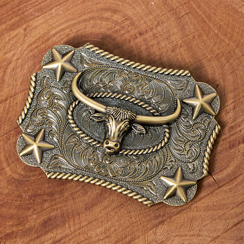 Men's Vintage Bull Head Relief Stars Buckle Leather Belt - Image 2