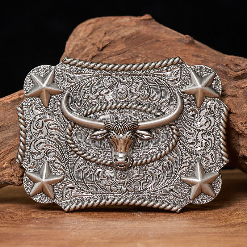 Men's Vintage Bull Head Relief Stars Buckle Leather Belt - Image 3