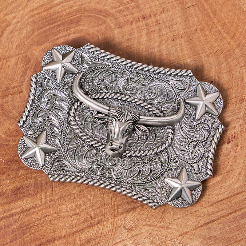Men's Vintage Bull Head Relief Stars Buckle Leather Belt - Image 4