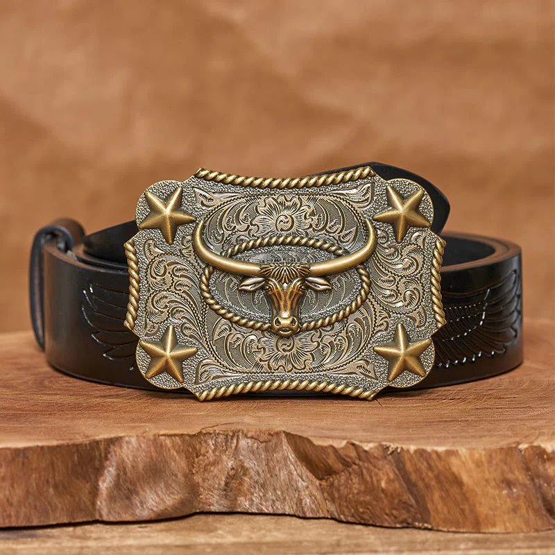 Men's Vintage Bull Head Relief Stars Buckle Leather Belt - Image 5