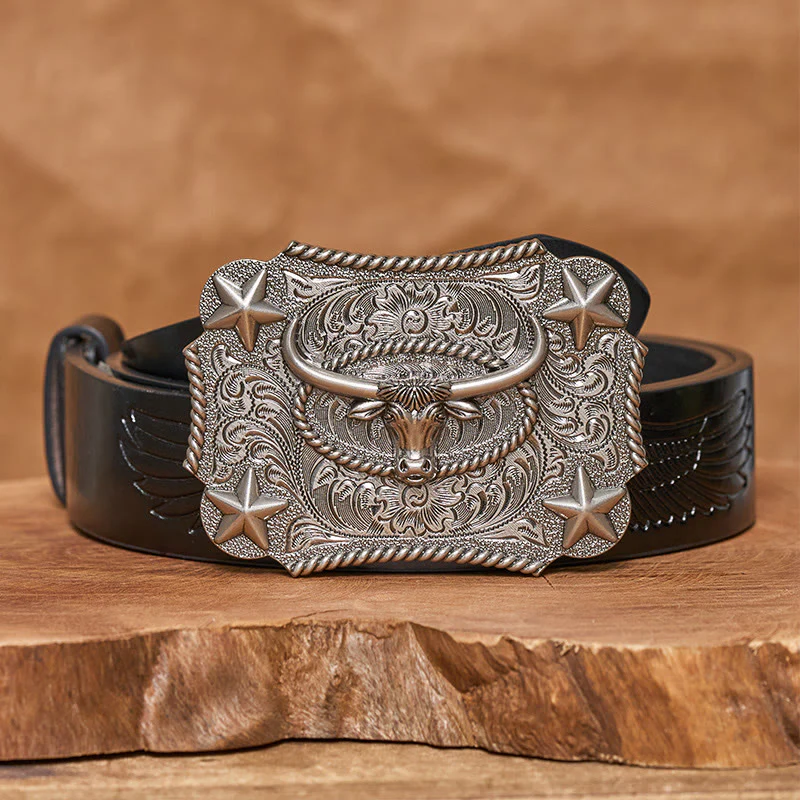 Men's Vintage Bull Head Relief Stars Buckle Leather Belt - Image 6