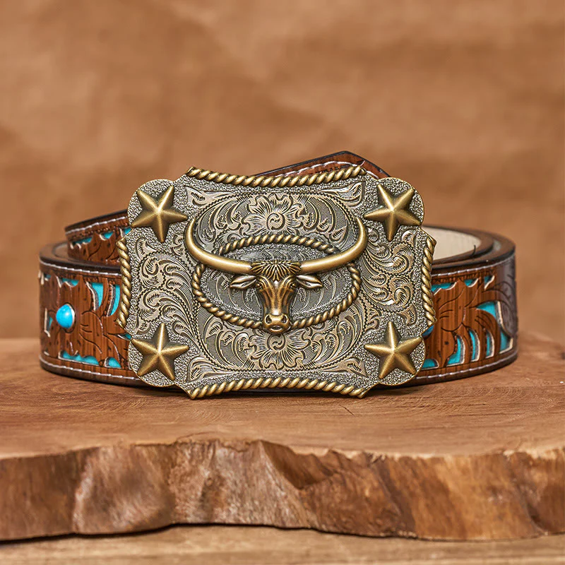 Men's Vintage Bull Head Relief Stars Buckle Leather Belt - Image 7