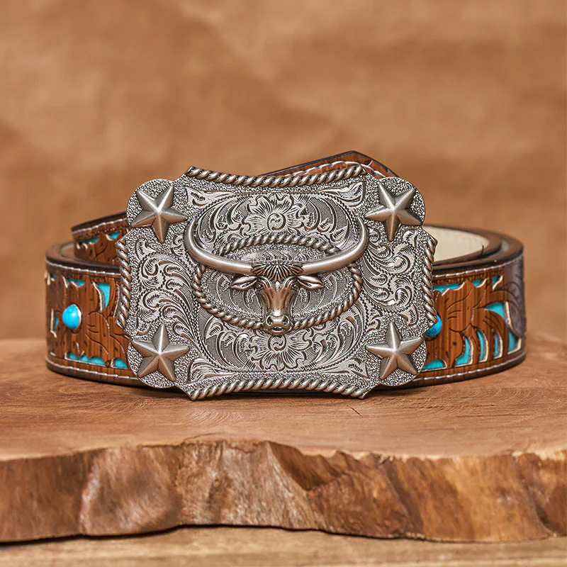 Men's Vintage Bull Head Relief Stars Buckle Leather Belt - Image 8