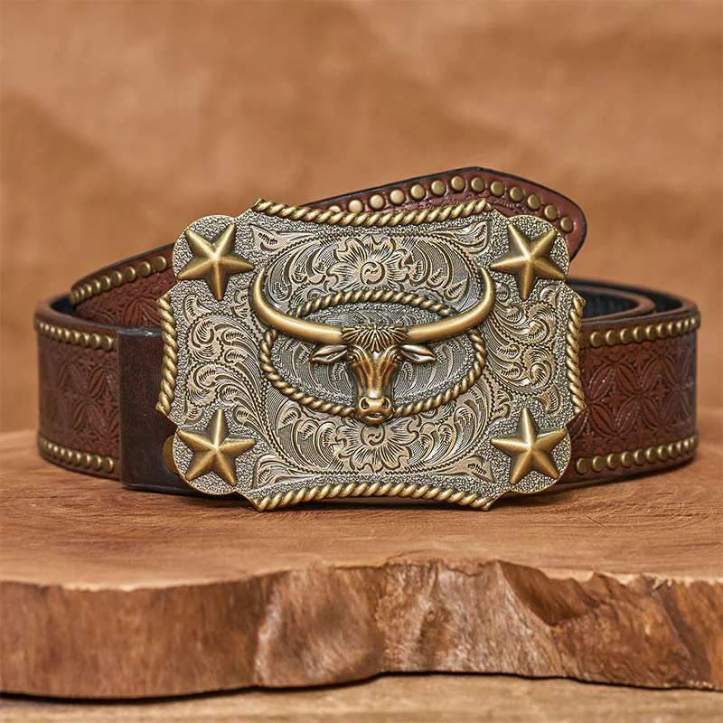 Men's Vintage Bull Head Relief Stars Buckle Leather Belt - Image 9