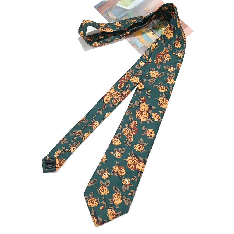 Men's Vintage Dark Green Yellow Flower Print Necktie - Image 3
