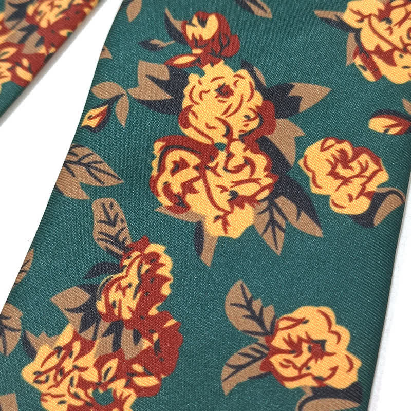 Men's Vintage Dark Green Yellow Flower Print Necktie - Image 4