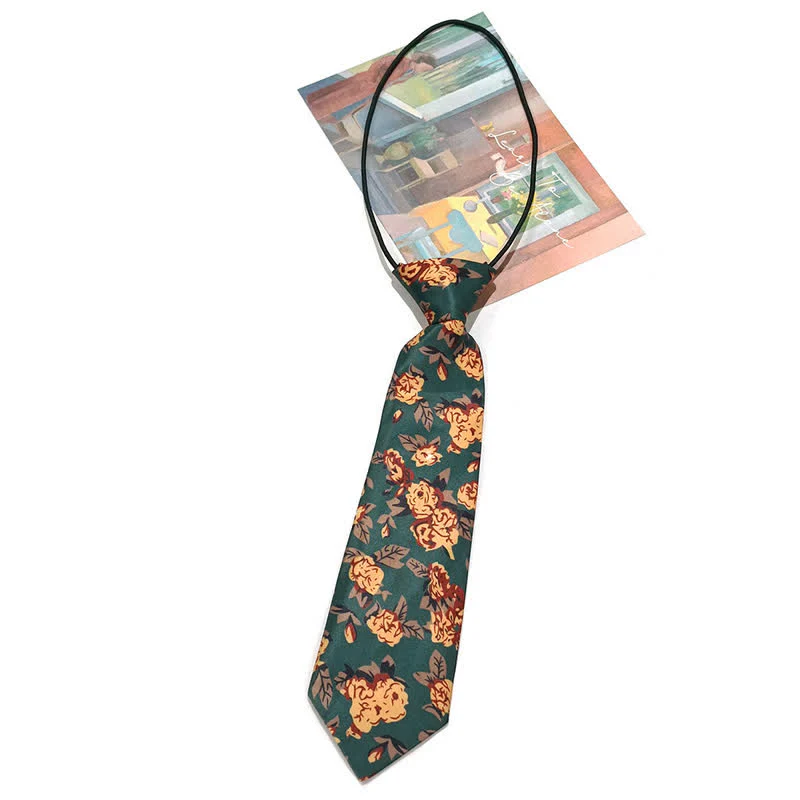 Men's Vintage Dark Green Yellow Flower Print Necktie - Image 5
