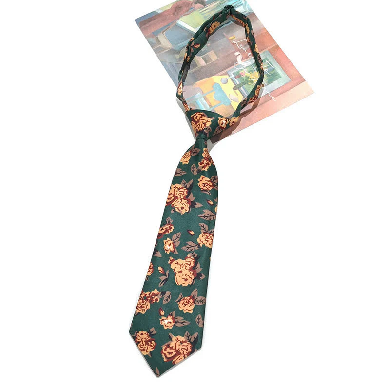 Men's Vintage Dark Green Yellow Flower Print Necktie - Image 6