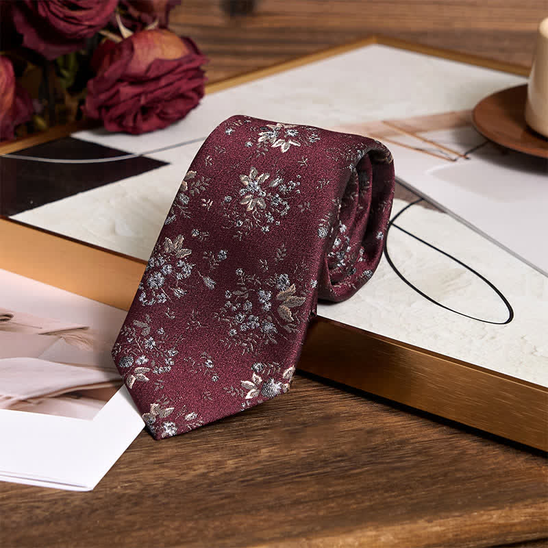 Men's Vintage Dark Red & Blue Floral Necktie - Image 4