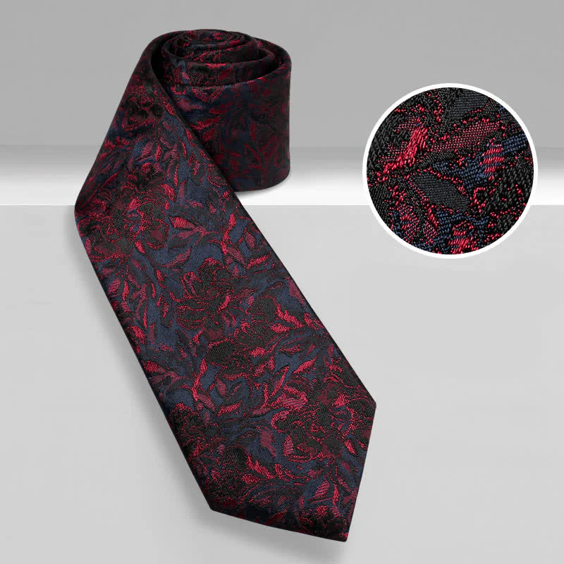 Men's Vintage Dark Red Flower Pure Silk Necktie - Image 2