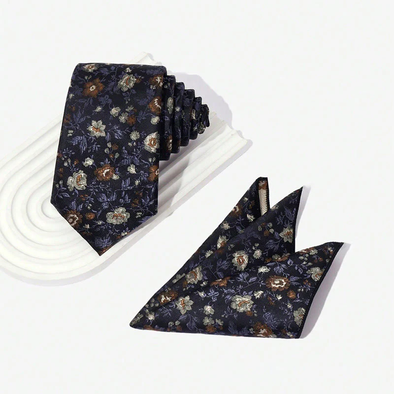 Men's Vintage Floral Jacquard Necktie And Pocket Square Set - Image 5