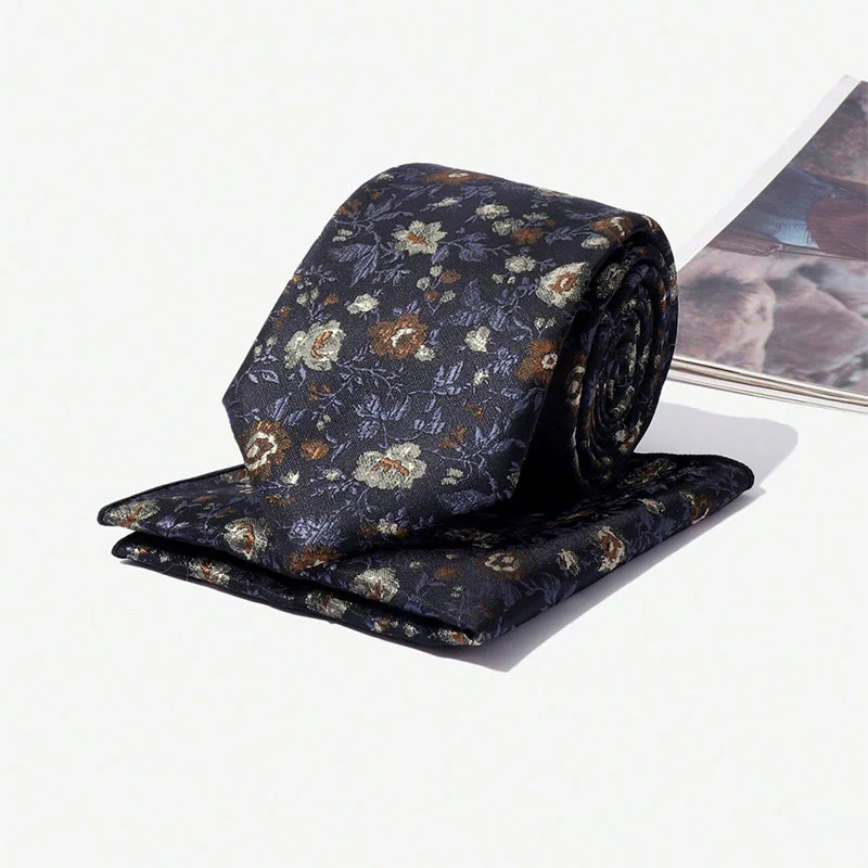 Men's Vintage Floral Jacquard Necktie And Pocket Square Set - Image 6