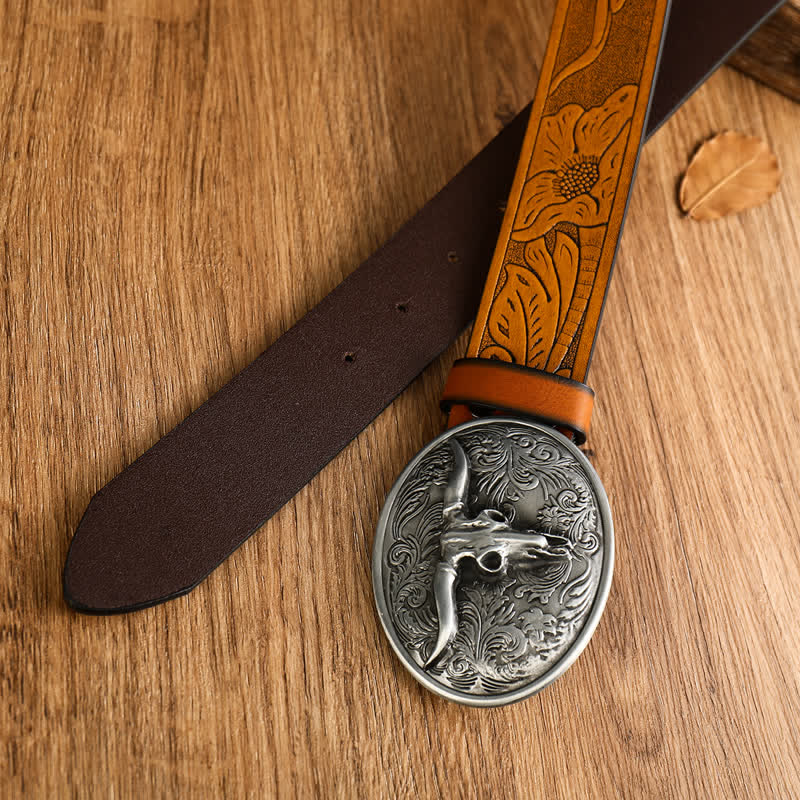 Men's Vintage Floral Longhorn Bull Leather Belt - Image 2
