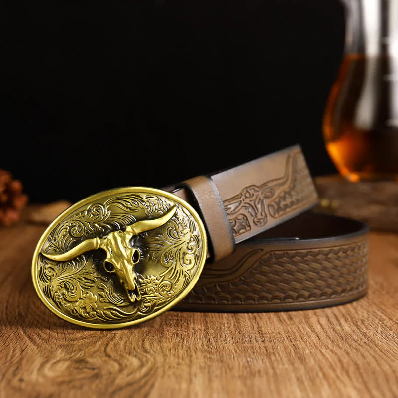 Men's Vintage Floral Longhorn Bull Leather Belt - Image 5