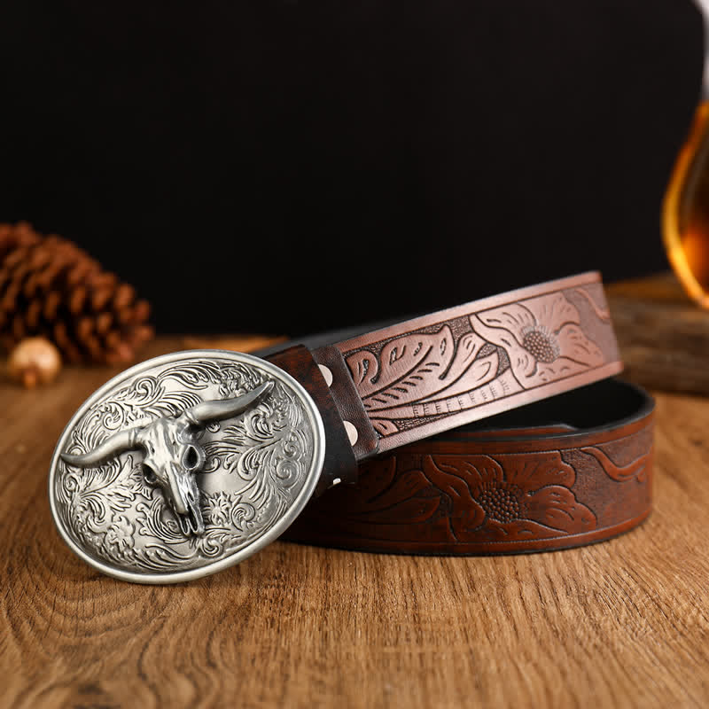 Men's Vintage Floral Longhorn Bull Leather Belt - Image 7