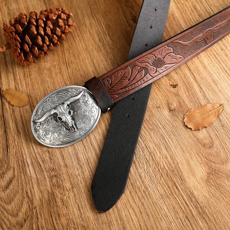 Men's Vintage Floral Longhorn Bull Leather Belt - Image 8