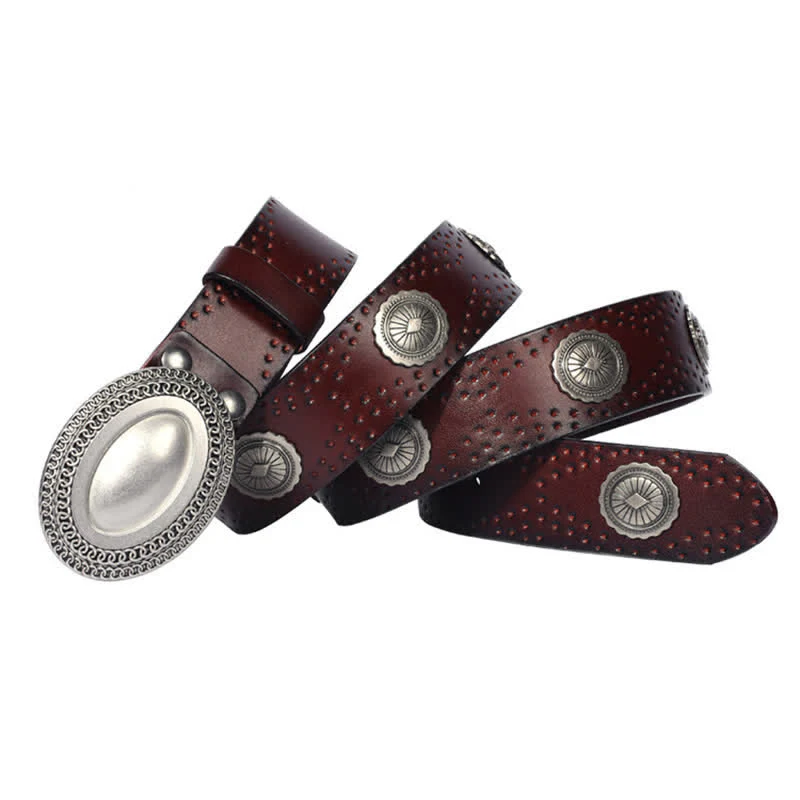 Men's Vintage Looking Oval Buckle Rivet Leather Belt - Image 10