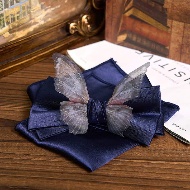 Men's Vintage Organza Butterfly Bow Tie Pocket Square Set - Image 13