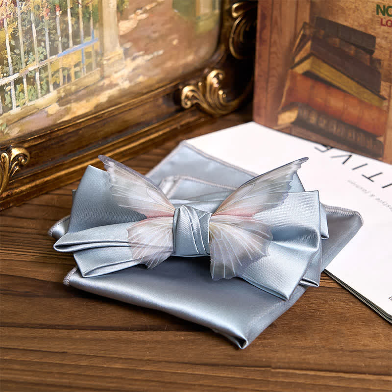 Men's Vintage Organza Butterfly Bow Tie Pocket Square Set - Image 9