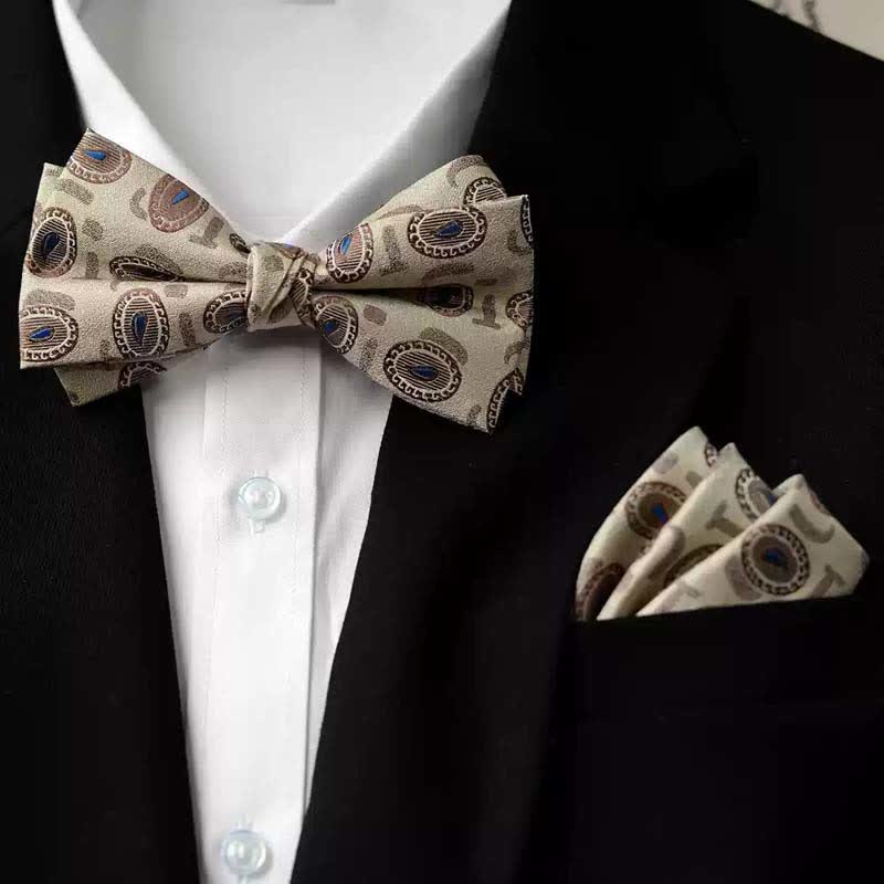 Men's Vintage Printed Double Layered Handkerchief Bow Tie - Image 21