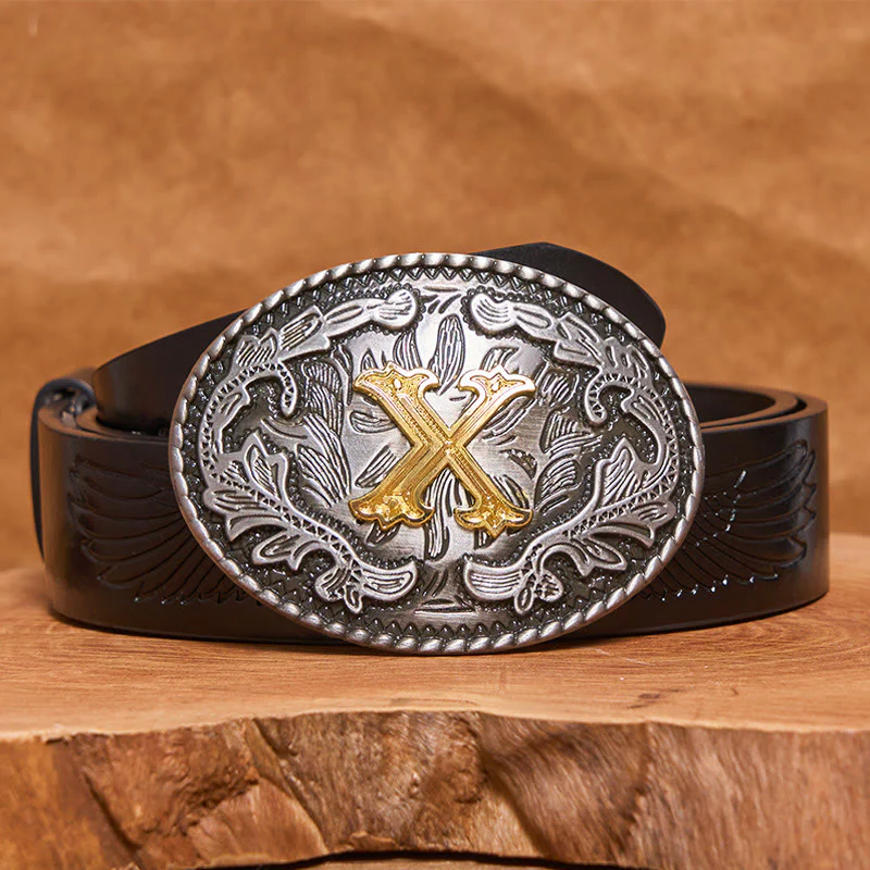 Men's Vintage Silver Oval Carved Golden Letter Buckle Leather Belt - Image 3