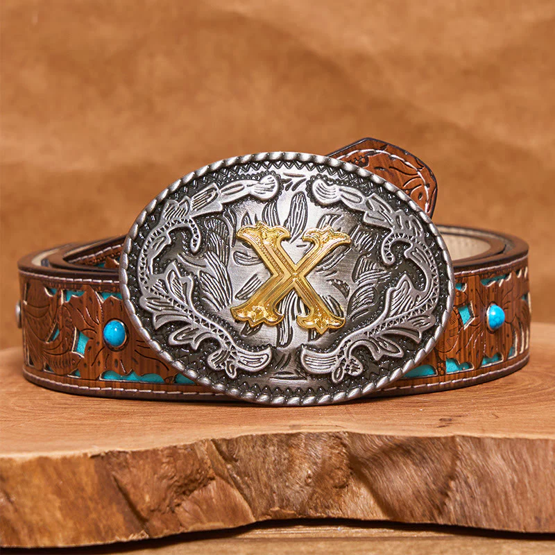 Men's Vintage Silver Oval Carved Golden Letter Buckle Leather Belt - Image 4