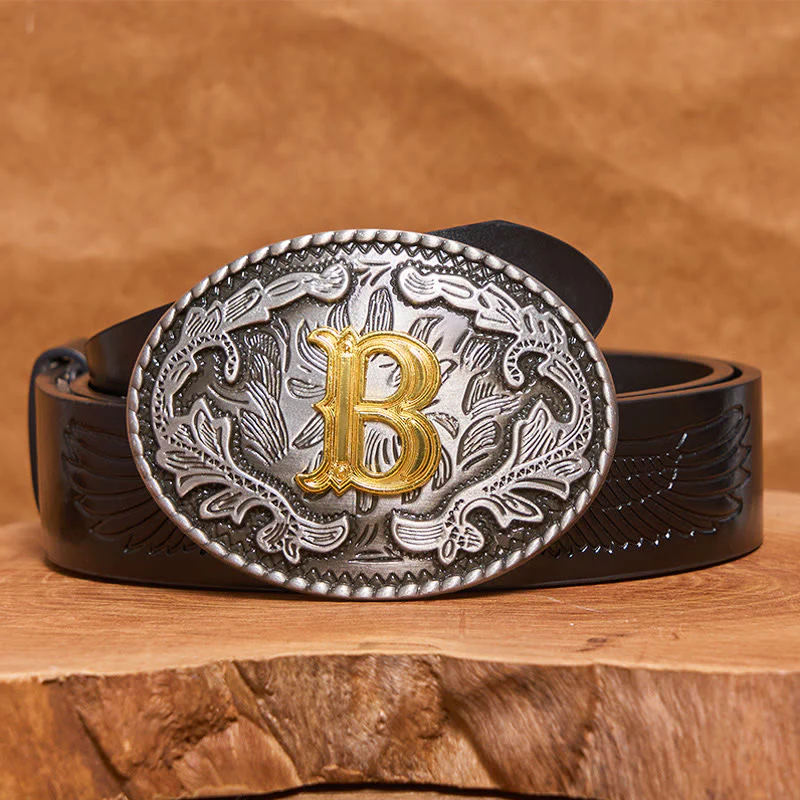 Men's Vintage Silver Oval Carved Golden Letter Buckle Leather Belt - Image 7