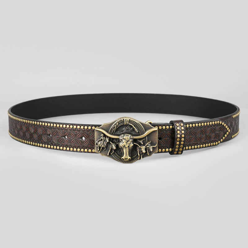 Men's Vintage Western Longhorn Bull Leather Belt - Image 2
