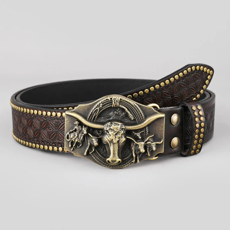 Men's Vintage Western Longhorn Bull Leather Belt - Image 3