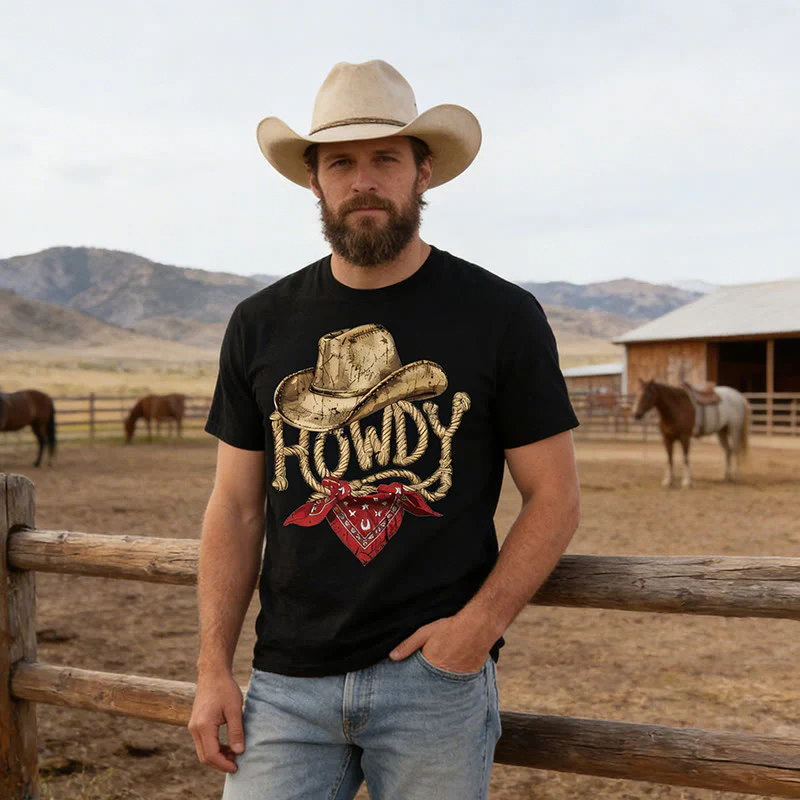 Men's Vintage Western Style Howdy cowboy Printed T-Shirt - Image 3