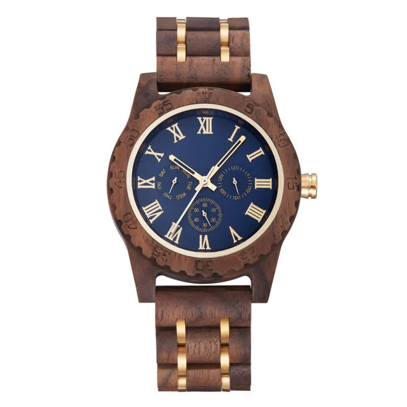 Men's Walnut Wood Three Sub-Dial Wooden Watch - Image 2