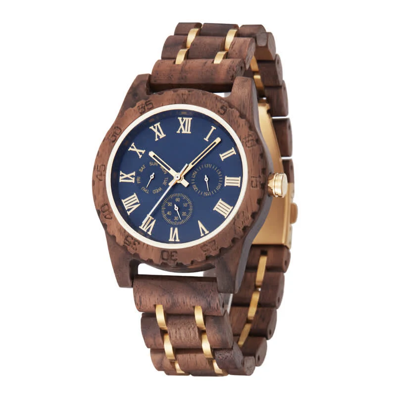 Men's Walnut Wood Three Sub-Dial Wooden Watch - Image 3
