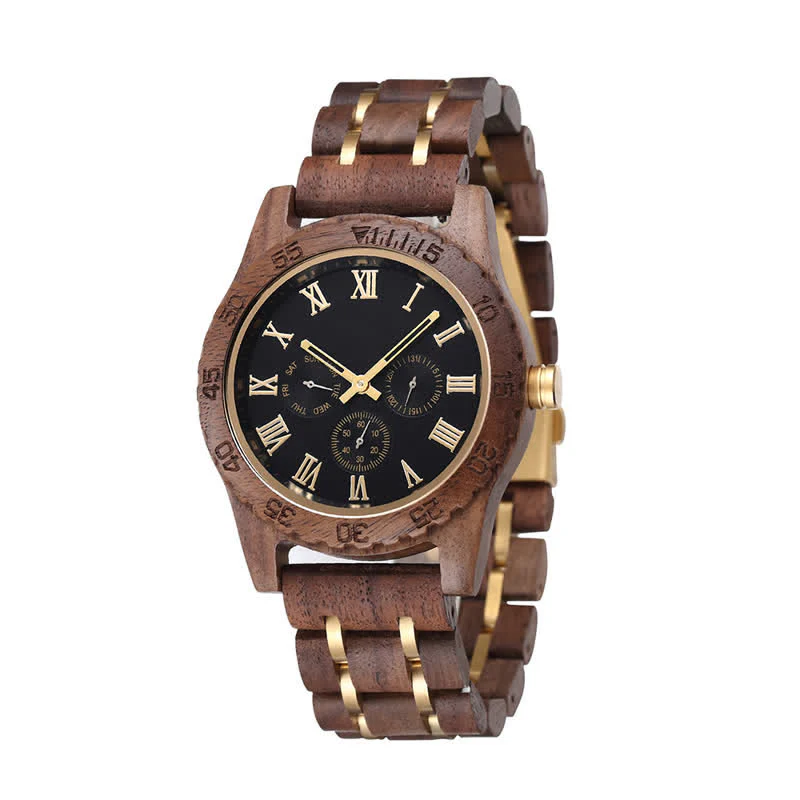 Men's Walnut Wood Three Sub-Dial Wooden Watch - Image 6
