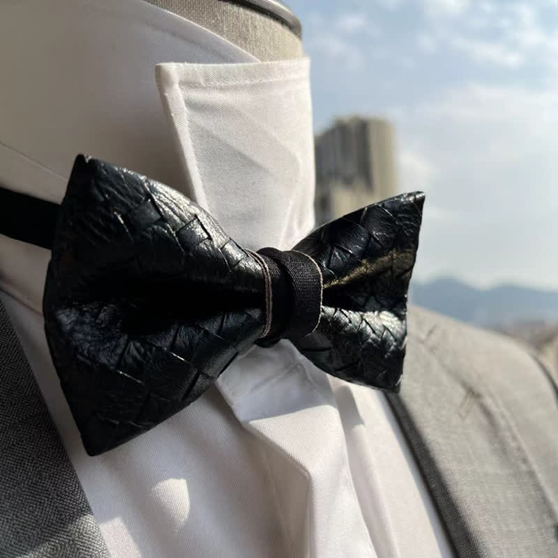 Men's Weave Pattern Design Black Leather Bow Tie - Image 2