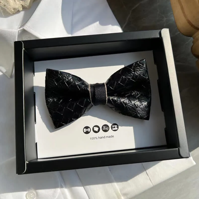 Men's Weave Pattern Design Black Leather Bow Tie - Image 3