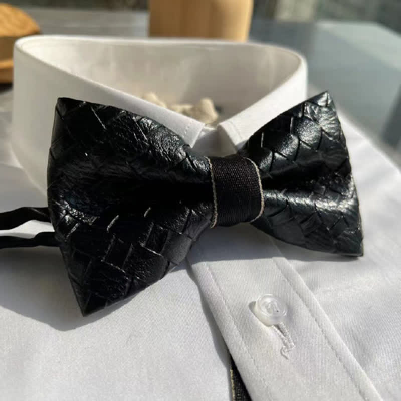 Men's Weave Pattern Design Black Leather Bow Tie - Image 5