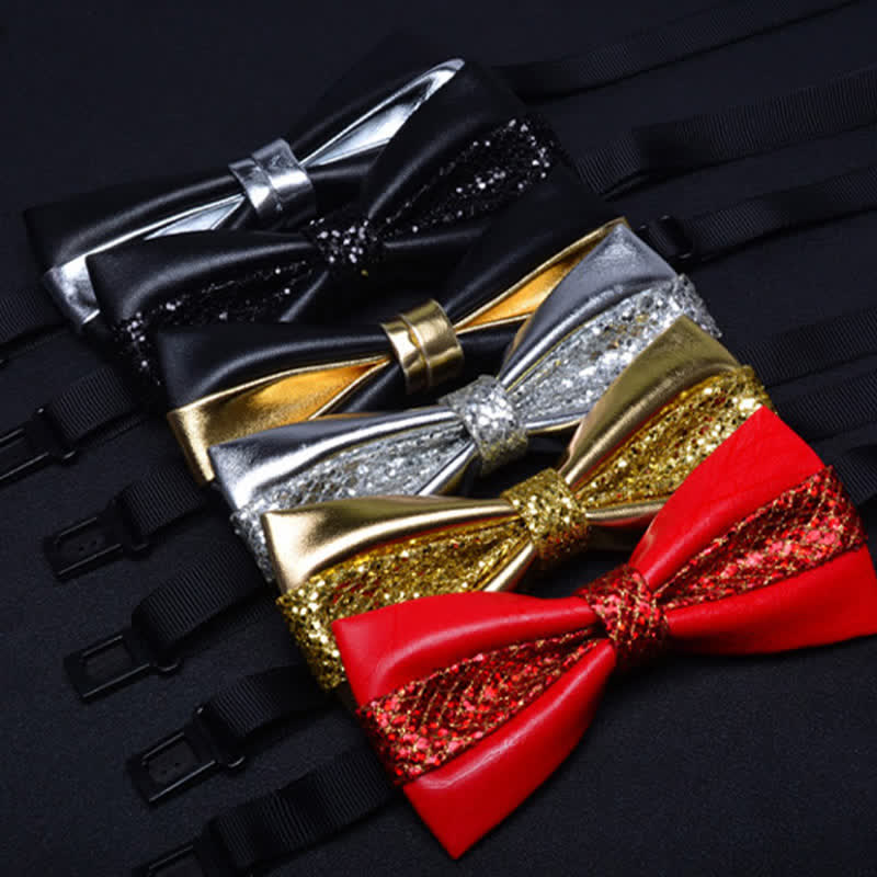Men's Wedding Party Double Layered Faux Leather Bow Tie - Image 4