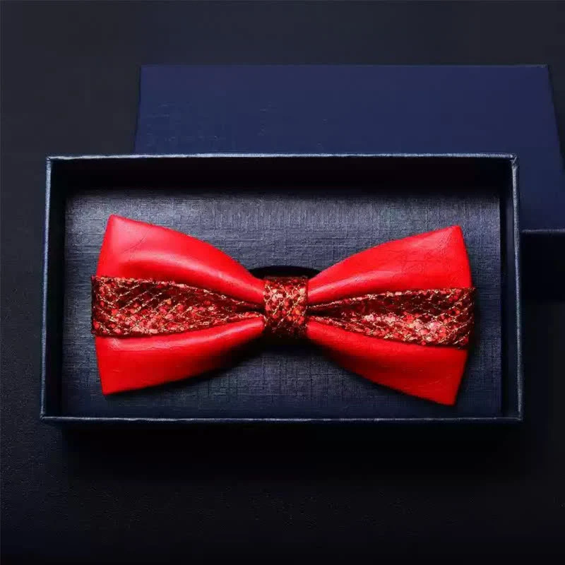 Men's Wedding Party Double Layered Faux Leather Bow Tie - Image 7