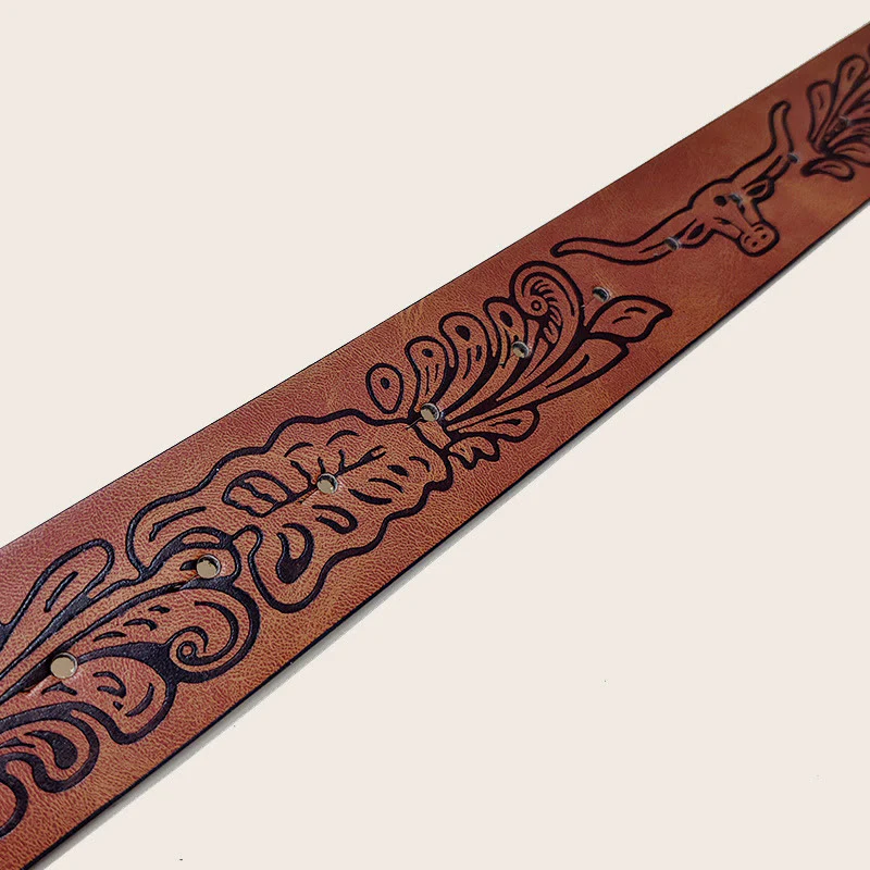 Men's Western Bull Skull Buckle Black Pattern Belt - Image 2