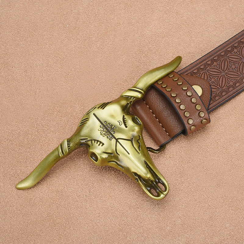 Men's Western Cattle Head Rivet Embossed Leather Belt - Image 4