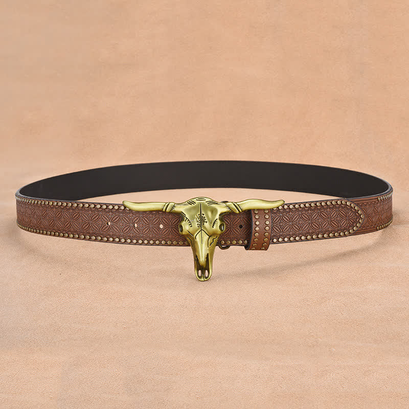 Men's Western Cattle Head Rivet Embossed Leather Belt - Image 5