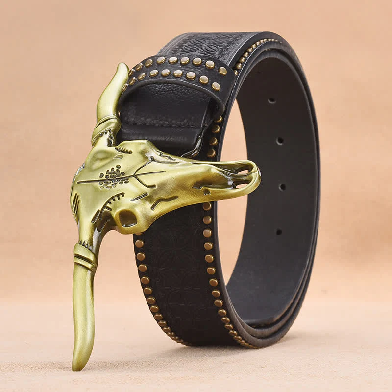Men's Western Cattle Head Rivet Embossed Leather Belt - Image 7