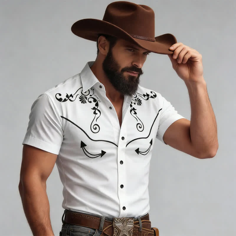 Men's Western Cowboy Scrollwork 3D Printed Contrast Yoke Shirt - Image 2
